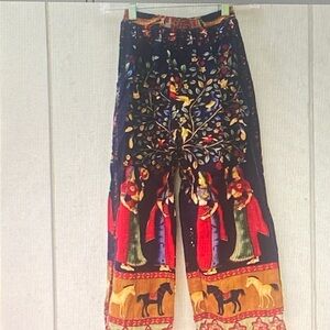 Boho Printed Wide Leg Pants with Folk Motif
